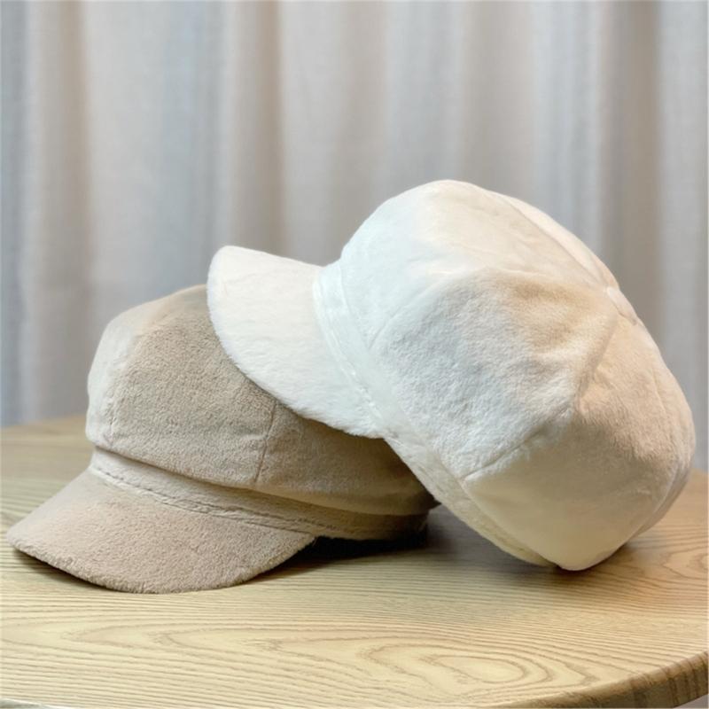 Popular Plush Beret Hat for Women Furry Fauxfur Octagonal Cap Driver Hat Sweet Girl Shelby Cap for Winter and Autumn