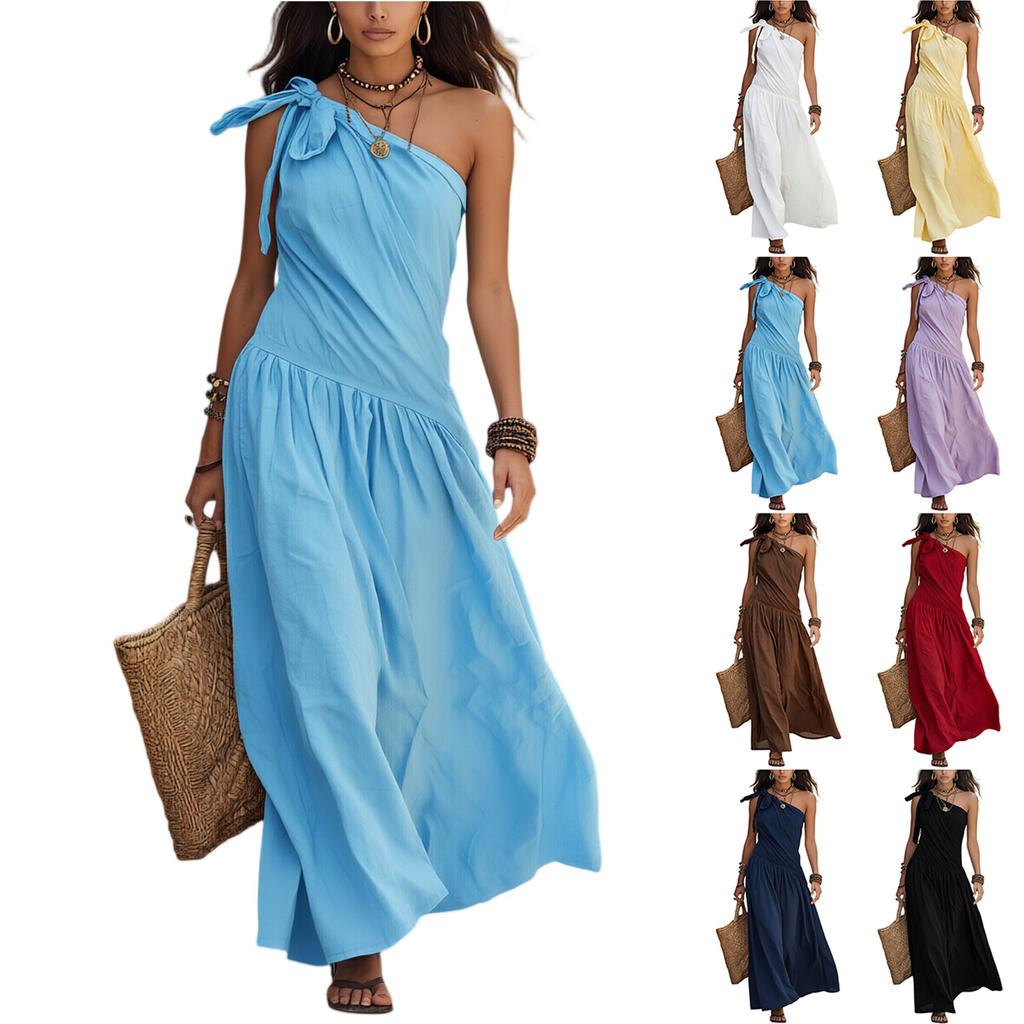 Women One Shoulder Dress Sleeveless Maxi Dress Asymmetric Hem Casual Summer Dress with Ruffle Detail and Tie Strap