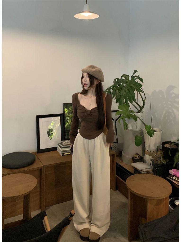 2025 Autumn/Winter Women's Coffee Bowknot Slim Fit Long Sleeve Base Layer Top