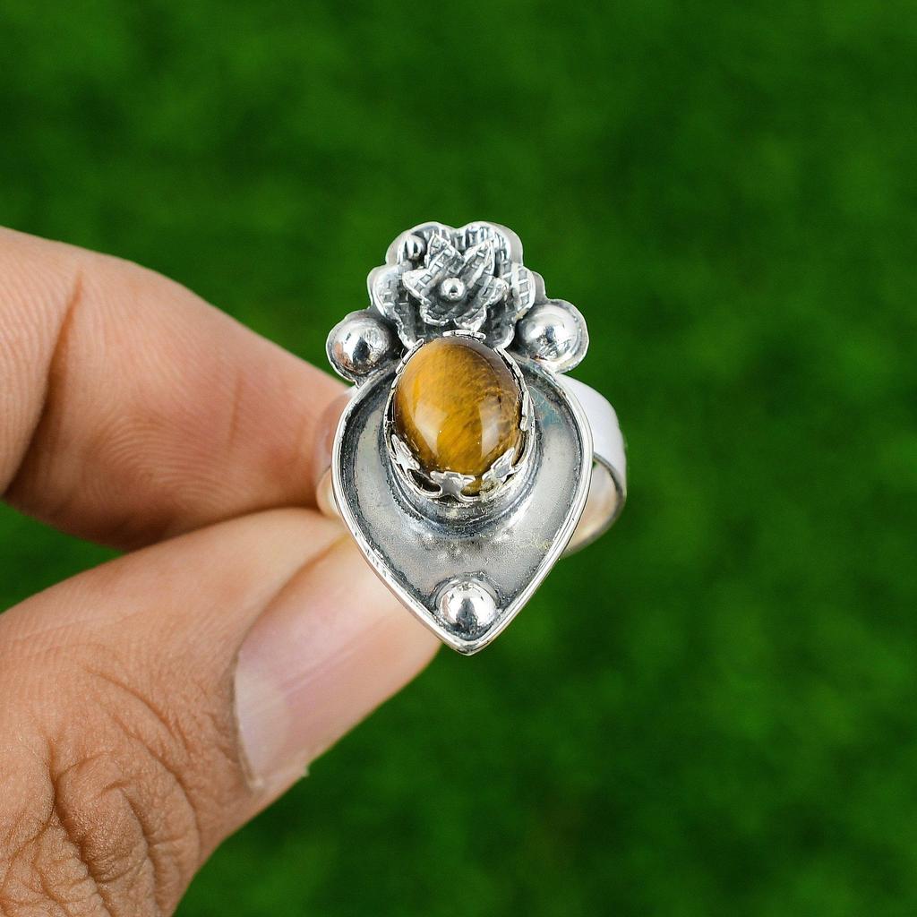 Gift For Women Stackable Flower Adjustable Ring 925 Silver Natural TigerS Eye
