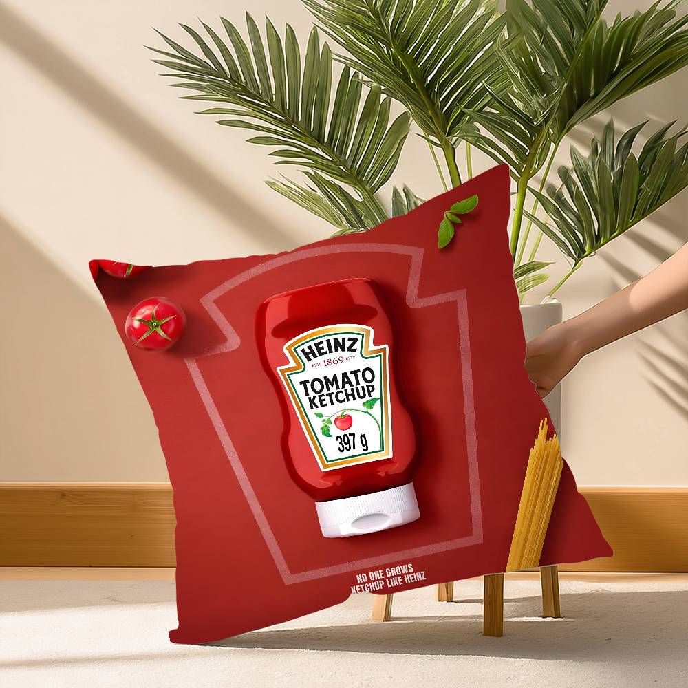 Funny H-heinzS Ketchup Label Pillow Case Soft Plush Fabric Double Sided Print Decorative Home Living Room Gift Cushion
