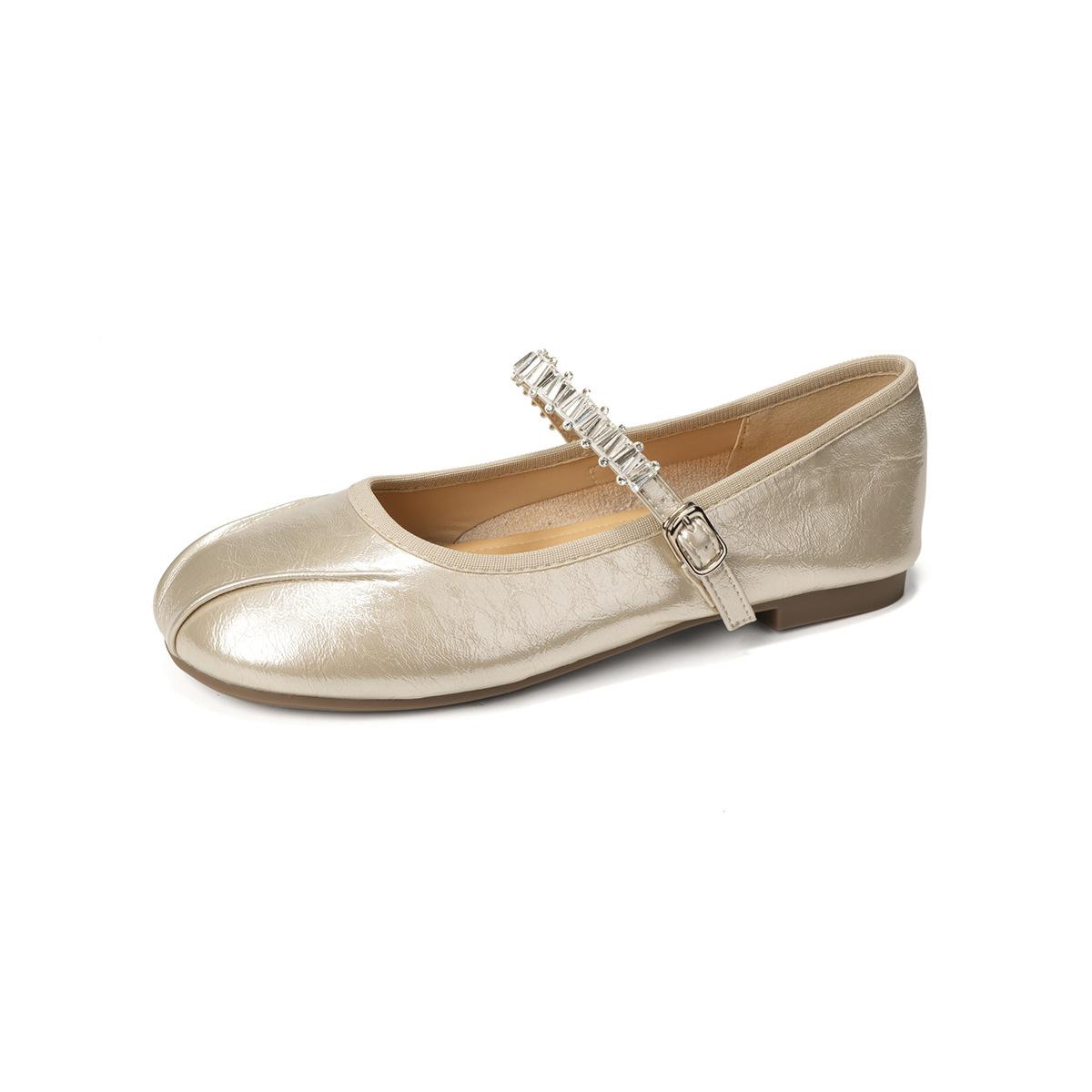 

French round head pleated shallow mouth versatile flat-soled casual shoes temperament ballet feng shui drill word belt Mary Jane shoes 43 шампанского