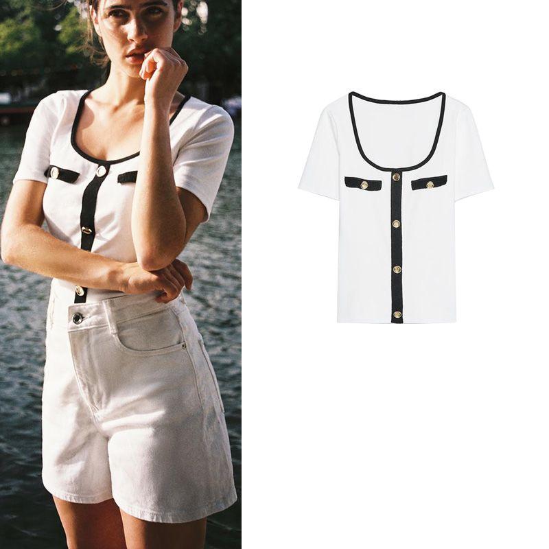 Summer New Product Women's Clothes Metal Button Decoration Silm Girls Contrast Color Decorative Layer round Neck Short Sleeve T-shirt 5644136