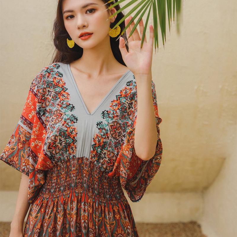 Ethnic Style V-neck Cotton and Silk Short-sleeved Beach Dress Thailand Travel Dress Summer Print Vacation Floral Skirt