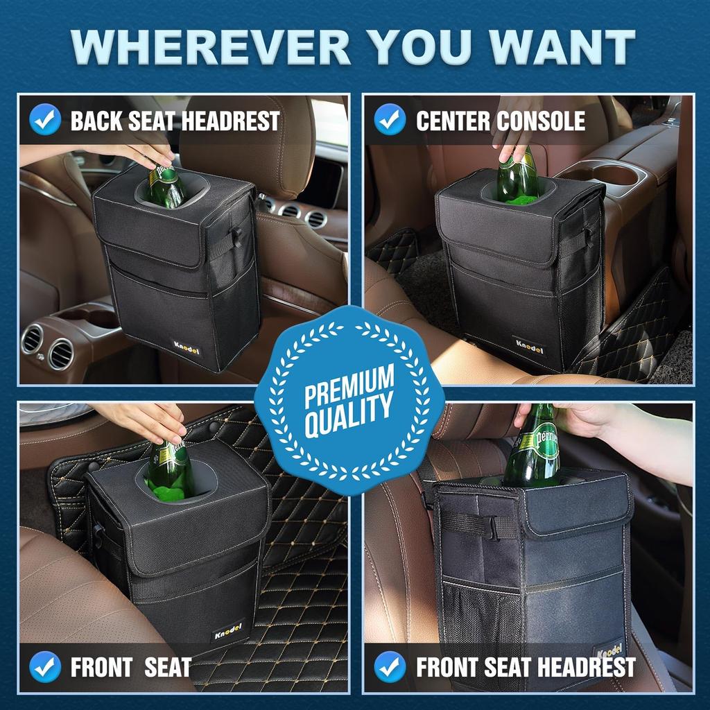 Knodel Car Trash Can with Leakproof Car Trash Can with Storage Waterproof Auto Toilet Trash Bag for Headrest Lid, Pocket, (Medium)