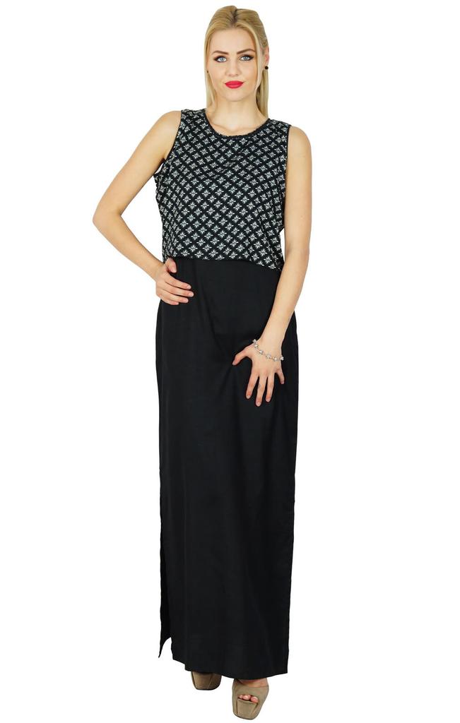 Bimba Langes Maxikleid mit Schlitz in Schwarz für Damen, mit bedrucktem Poncho-Crop-Top