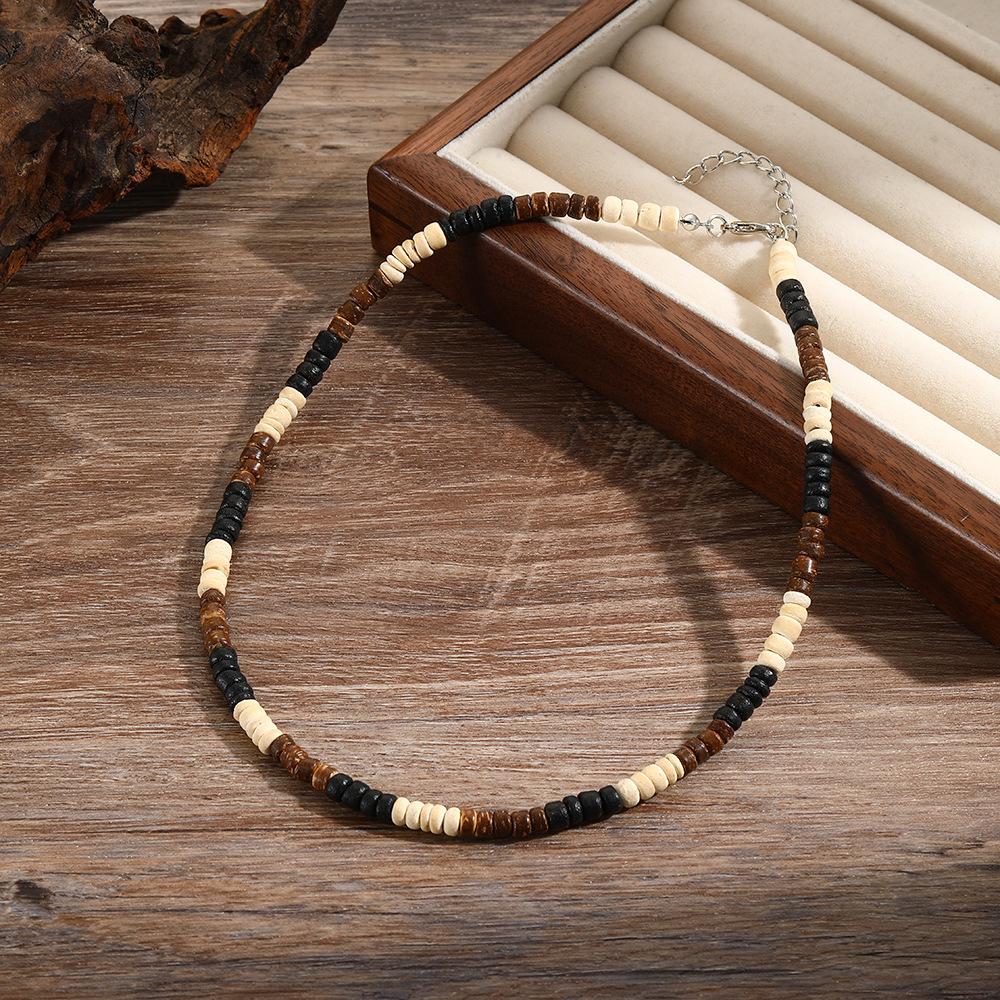 Summer Beach Bohemian Wood Chip Coconut Shell Necklace Men's Surf Necklace Simple Tribal Stainless Steel Necklace