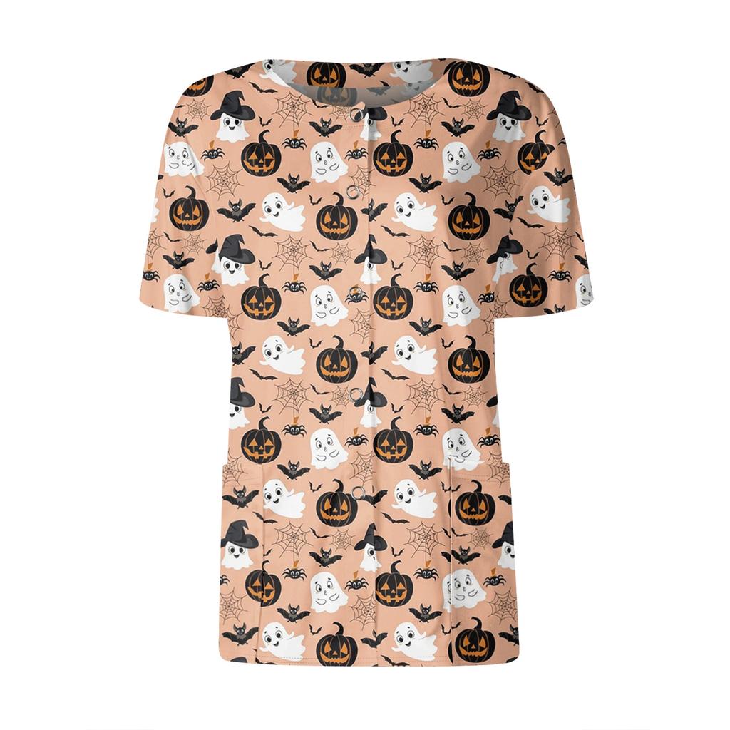 Women's Short Sleeved Patterned Pockets, Work Print Stand Up Collar, Single Breasted Protective Clothing, Cardigan Jacket, Top