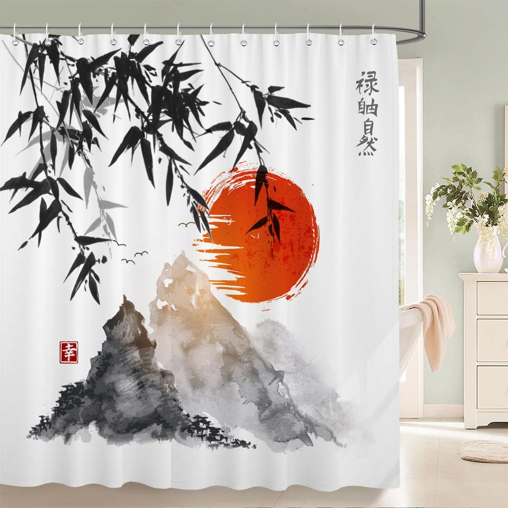Japanese-style Shower Curtain 3d Ink Painting Bathroom Curtain Waterproof  With Hooks 180*240CM Shower Curtain Polyester Fabric