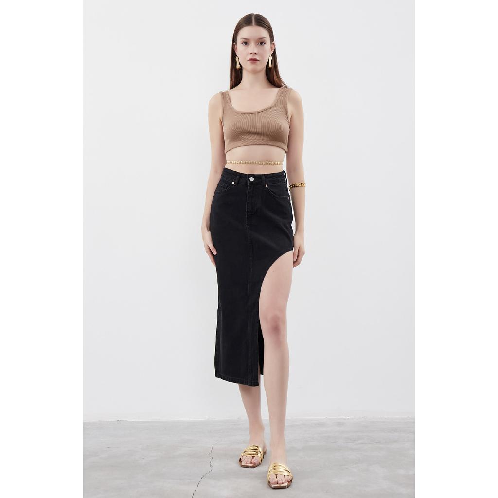 Women's Blue Denim Color Long Denim Skirt With Deep Slit Detail On The Side