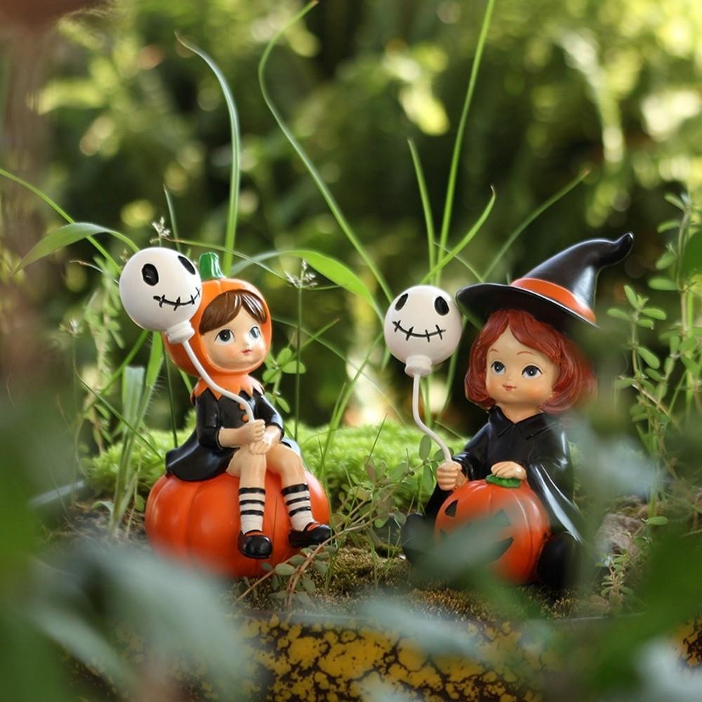 2pcs Crafts Witch Doll Halloween Statues Resin Funny Pumpkin Girl Figurines Cartoon Cute Halloween Party Ornaments Outdoor