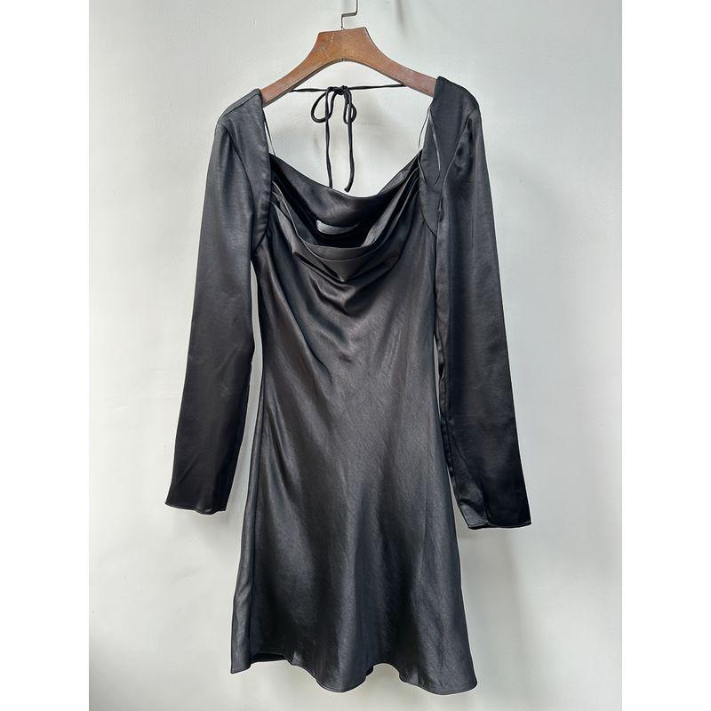 

Export Pure Original AST * Classy Party Swing Collar Black Dark Green Smooth Material Imitation Acetic Acid Satin Long Sleeve Dress Black Swing Neck Dress M (micro-spinning)