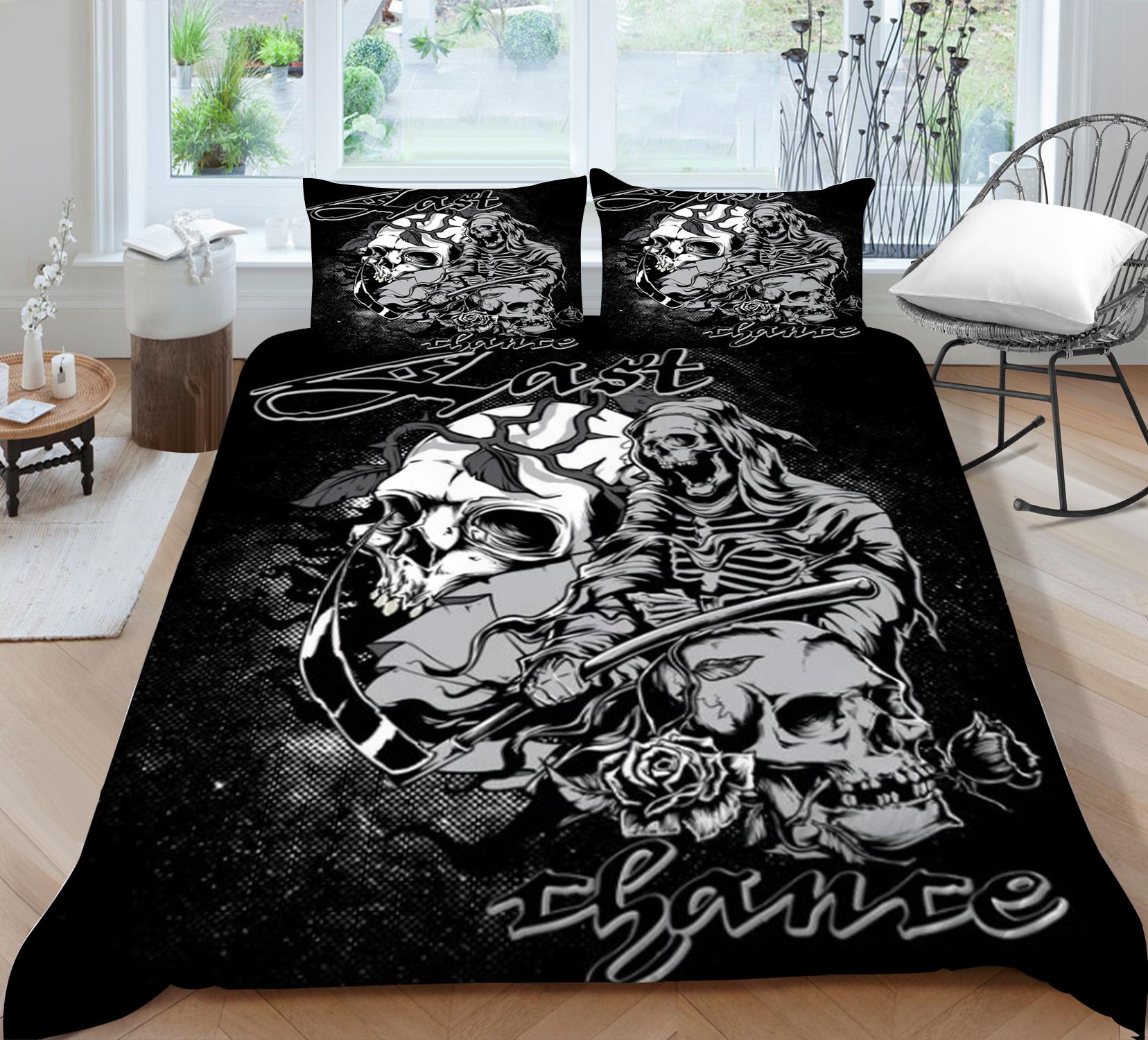 

Комплект пододеяльников с 3D принтом черепа, черный фон с узором, модный чехол для костюма, декор для спальни для мальчиков и девочек, полиэстер, покрывало на кровать EU Single 135x200cm