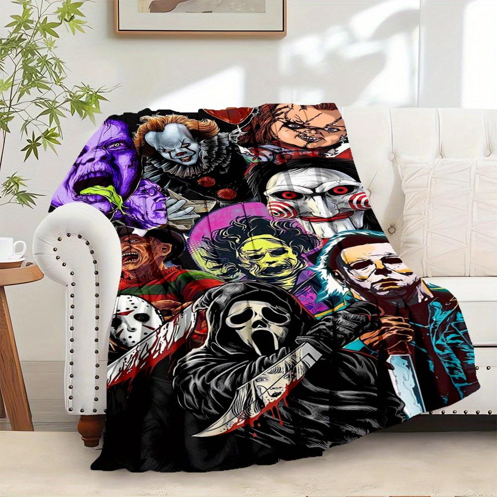 For Horror Icons,Halloween Monsters,Film Characters-Themed Flannel Blanket, Glam Style, Digital Print, All-Season Comfort, Tear-Resistant, K