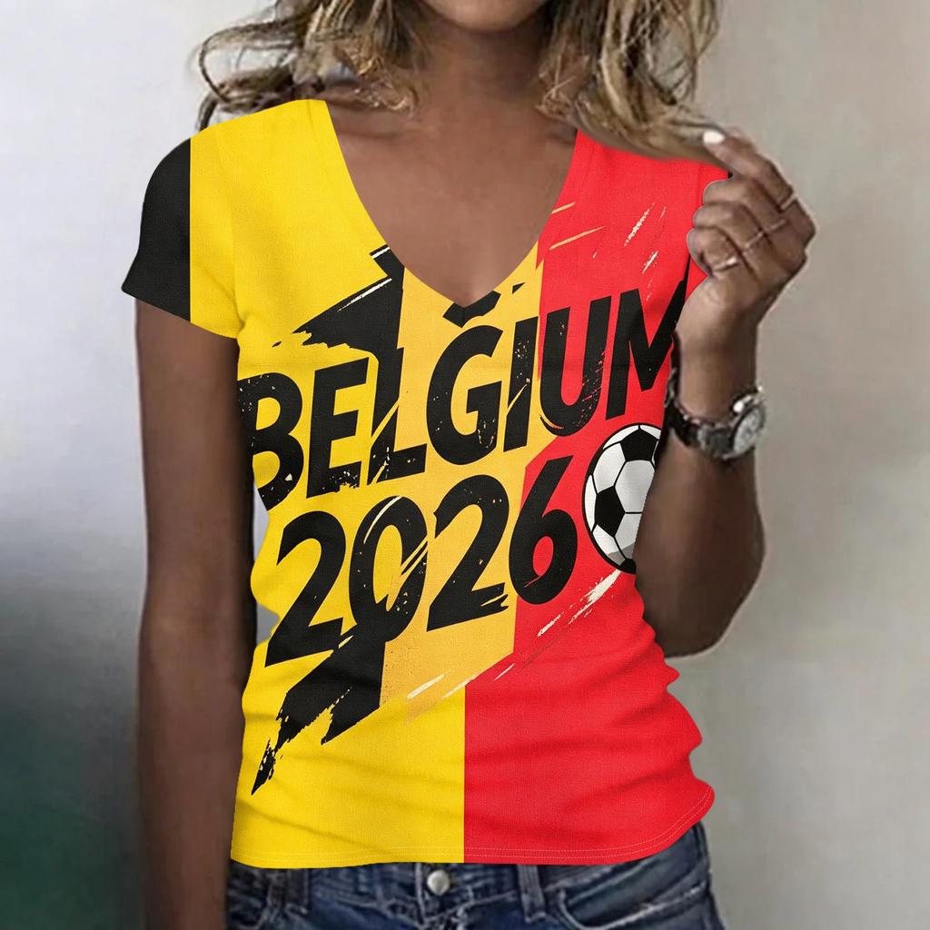 Women's V Neck Short Sleeve Lightweight T Shirt for Summer Casual Wear Football Themed Graphic Tee with National Flag Print Soft Fabric