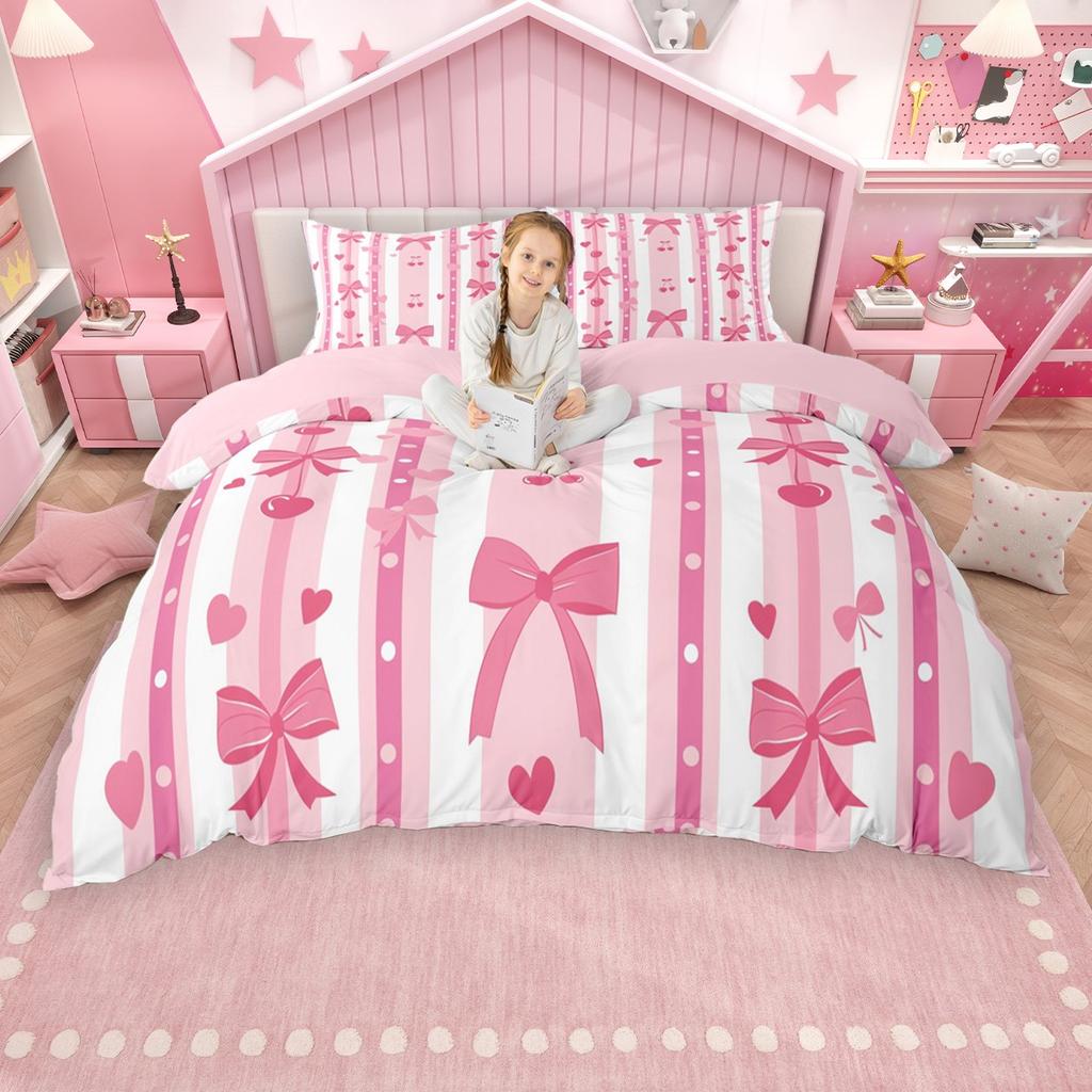 Homewish Princess Style Duvet Cover Set, Pink Bow Knot Ribbon Bed Set, Girls Bow-Tie Quilt Cover Set