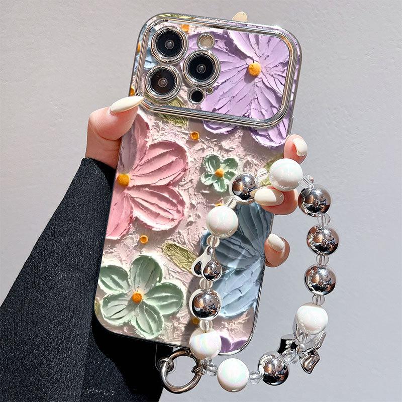 Large Windows Suitable for Apple 12PRO Electroplated Flower Mobile Phone Case IPhone 15XSMAX Protective Case Anti Fall Oil Painting