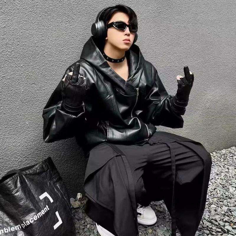 Men's Trendy Black PU Leather Hooded Jacket with Oblique Zipper - Korean Style for Spring and Autumn