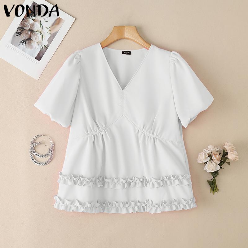 

VONDA Women V Neck Short Sleeve Slim Waist Ruffled Casual Blouse L