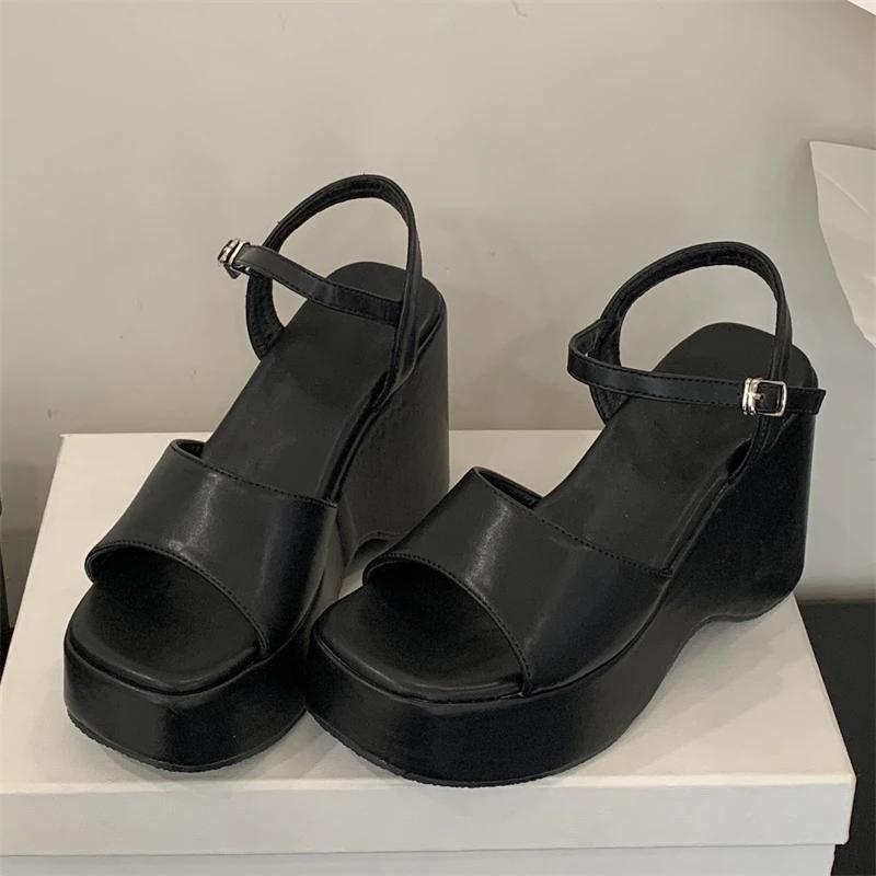 

Eilyken Summer Square Toe Buckle Strap Women Sandals Platform Wedges Heels Banquet Concise Shoes 38 чорний