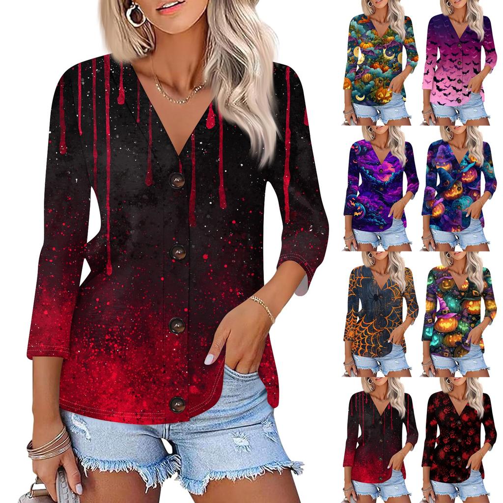 Damenmode Lässiges bedrucktes Button-Down-Hemd 3/4 lange Ärmel Oberteile