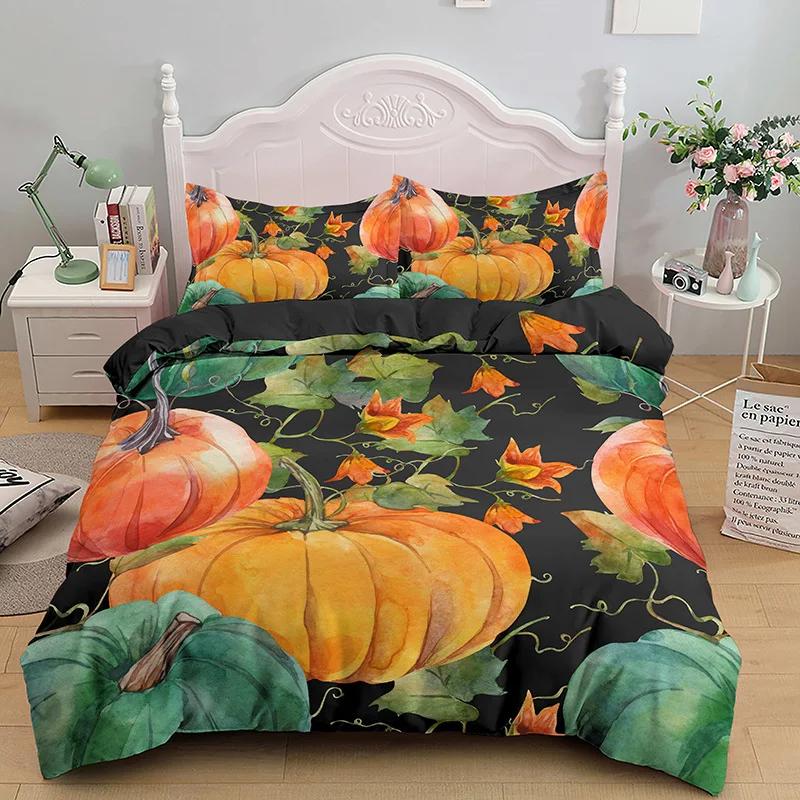 Halloween Pumpkin King Queen Duvet Cover Cartoon Black Cat Bedding Set Kids Girls Orange Pumpkin Lantern Polyester Quilt Cover