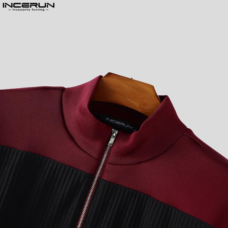 INCERUN Men Long Sleeve Stitching Zipper Up Texture Jackets Short Coats