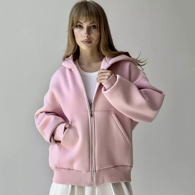 Womens Solid Color Long Sleeve Zip Up Hooded Sweatshirt Loose Fit Casual Streetwear