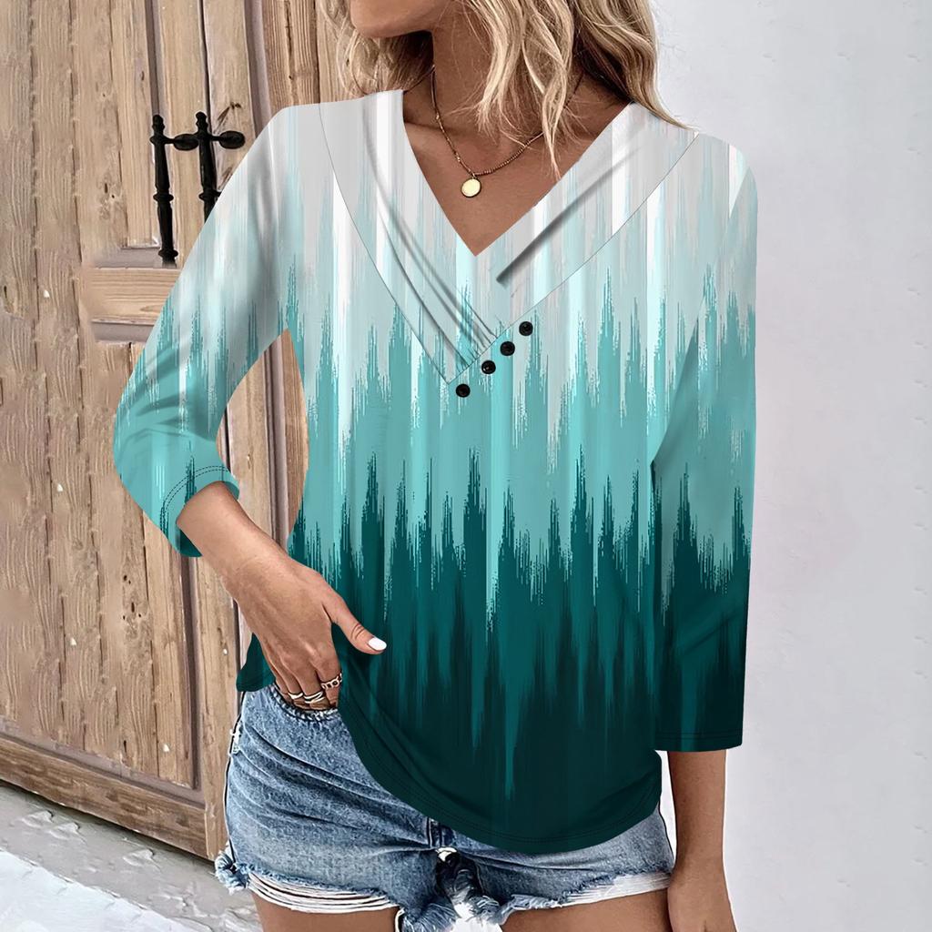 Womens 3/4 Sleeve Daily Weekend V Neck Casual Printed Tshirts Loose Fit Pleated Tees Ladies Blouse