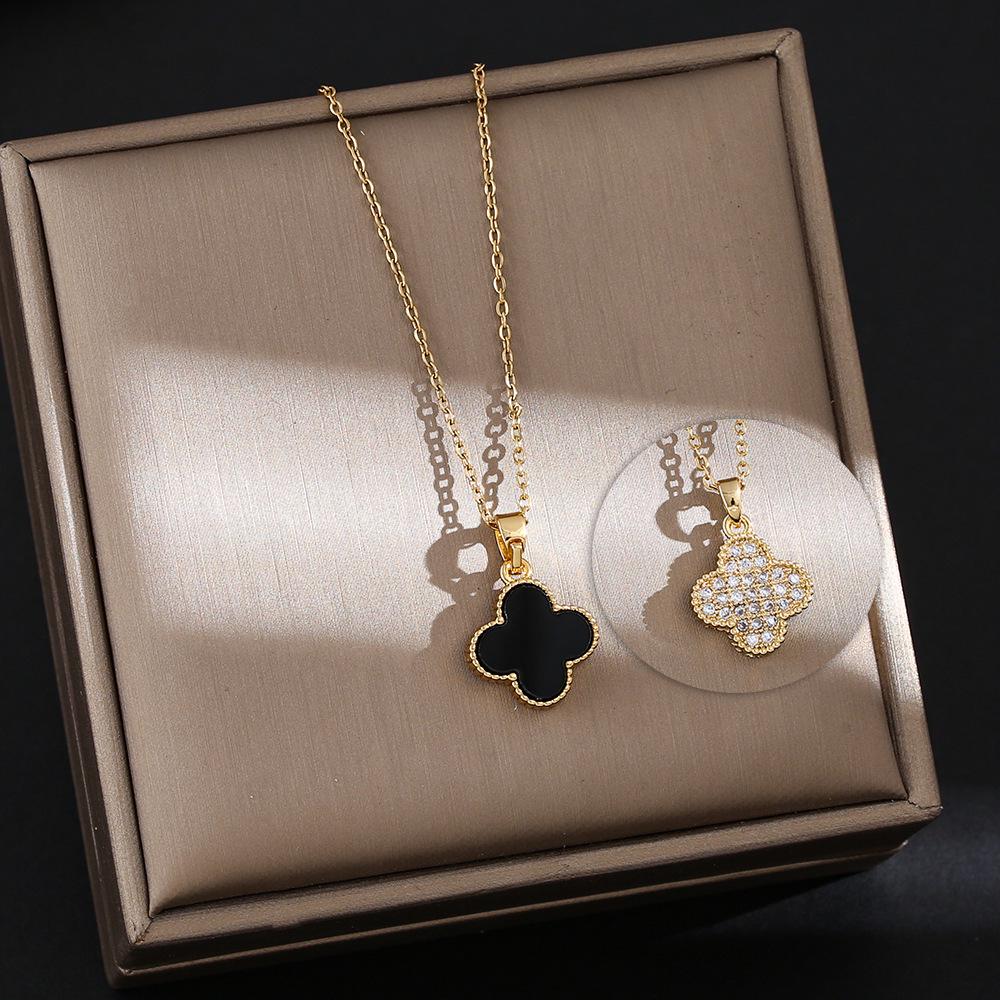 Elegant Gold-Plated Chinese-Style Four-Leaf Clover Necklace with Imitation Hetian Jade Pendant for Women