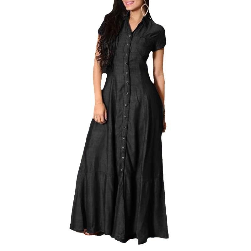 Cross-border New Long Dress, Shirt Collar Pocket Big Skirt Plus Size Casual Denim Dress