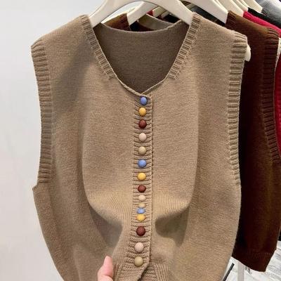 Premium Gray Knitted Waistcoat Women Spring Chic Rainbow Button Vest Cardigan Sweater