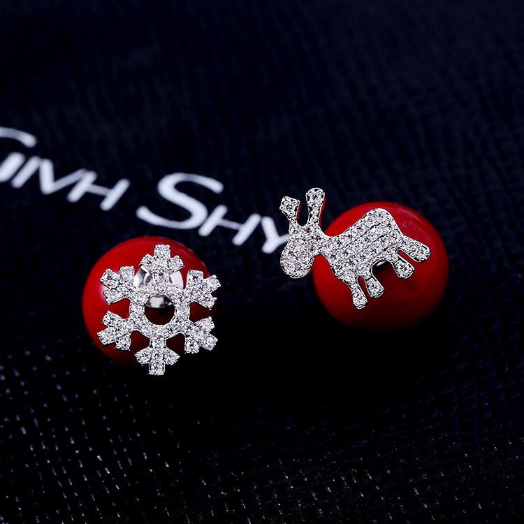 Korean Red Pearl Snowflake Reindeer Stud Earrings - Silver-Plated Christmas Jewelry Gift for Women