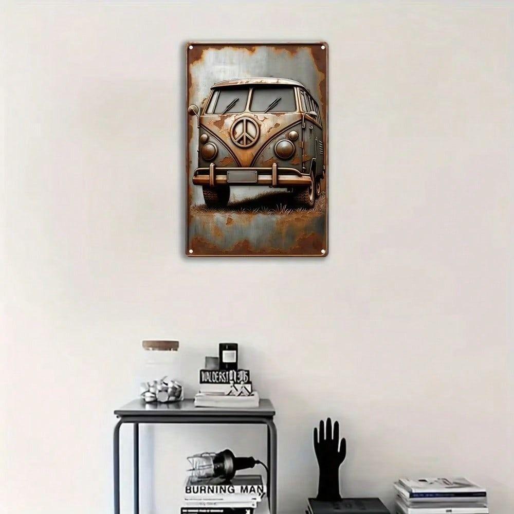 Letrero Metálico de Furgoneta Camper Vintage Decoración de Pared Símbolo de la Paz Póster de Aluminio