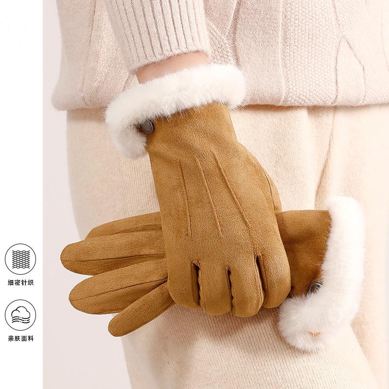 Plush suede gloves women's electric car warm cold windproof driving piled thickened gloves winter