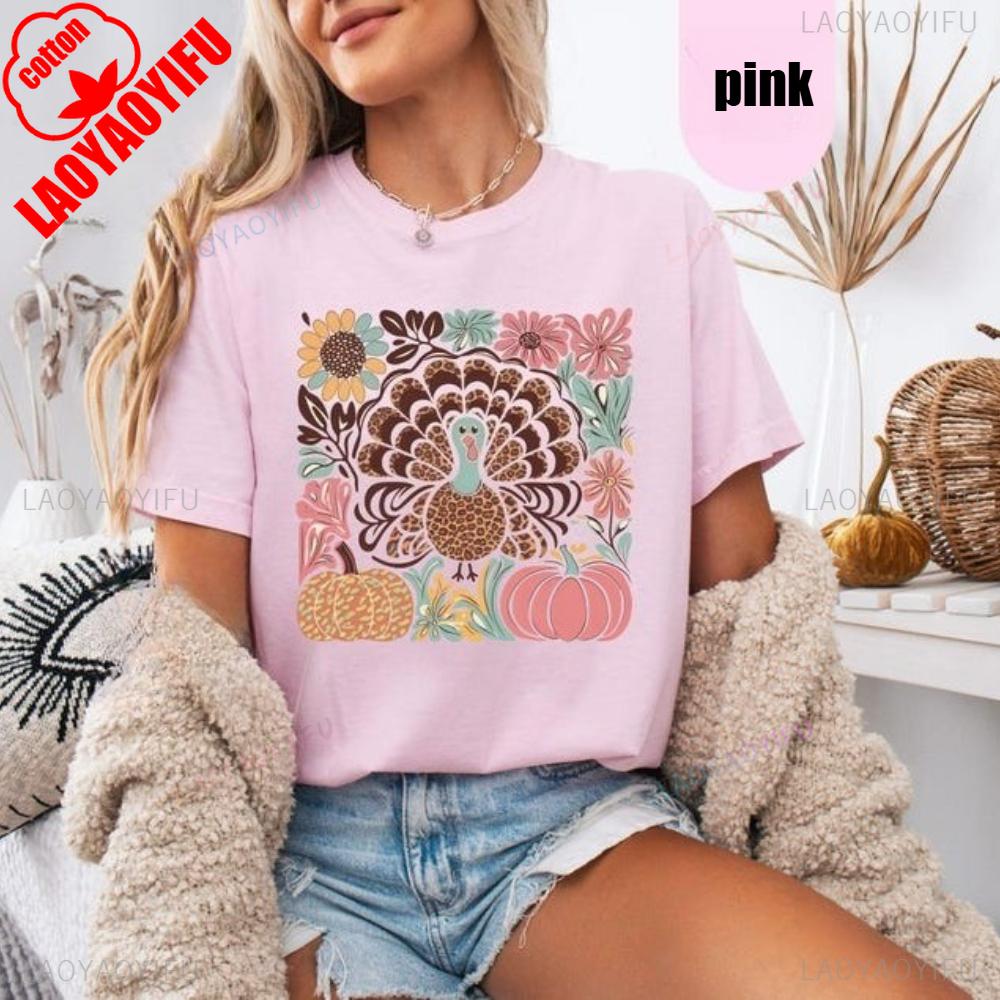 Floral Turkey TShirt Thanksgiving Boho Tee Creative Design Art Aesthetics Shirt Thanksgiving Turkey Tops Women Casual Cotton T
