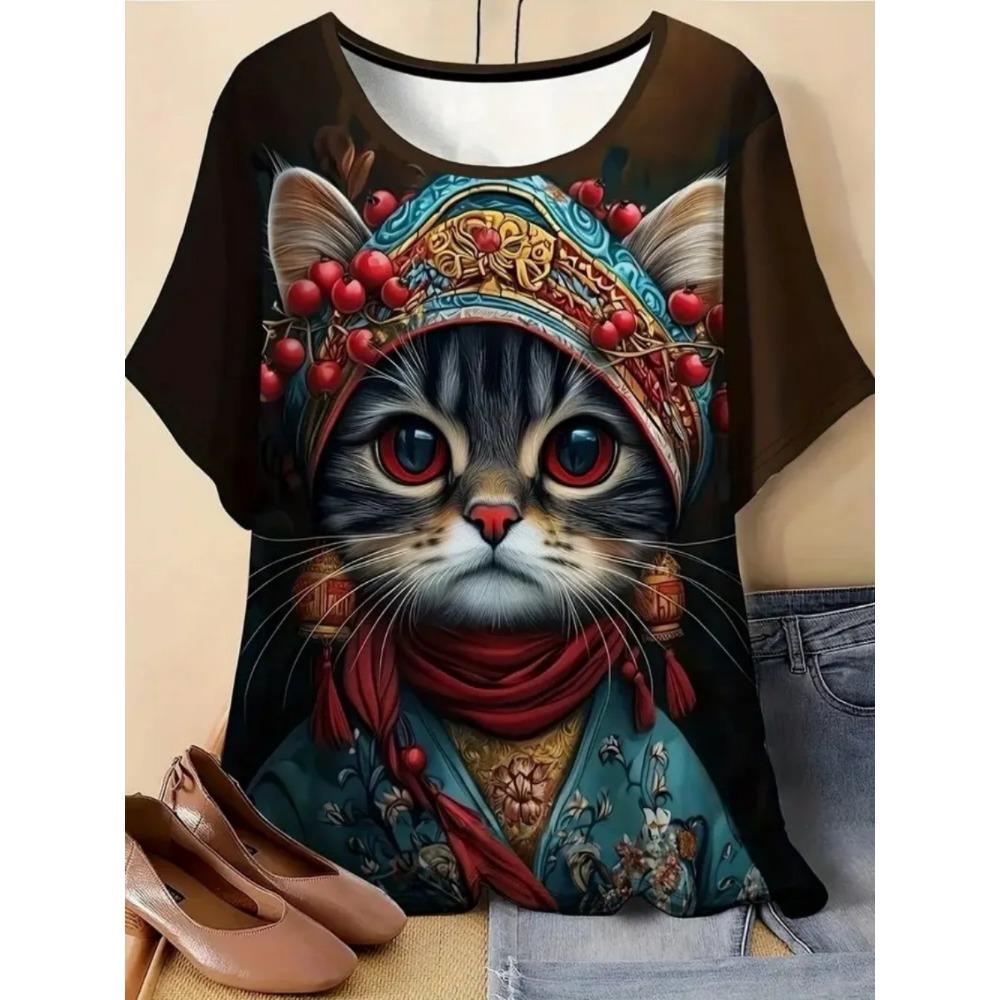Ladies Fashionable Comfortable Printed Animal T-shirt Interesting Animal Cat Patterns Loose Breathable Large Size Short Sleeved T-shirt
