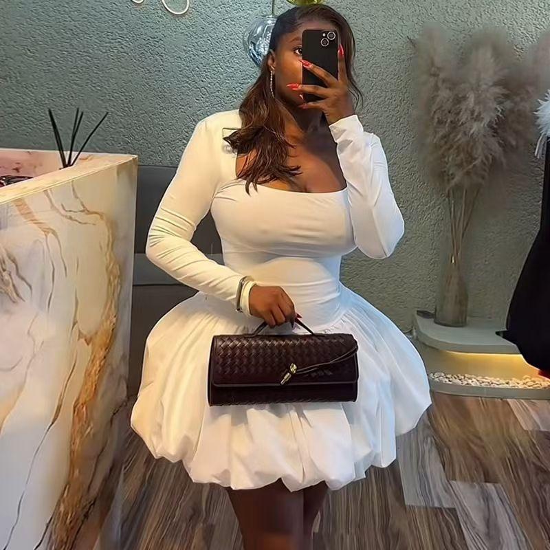 

Fashion New Arrival Fashion Square Collar Long Sleeve Silm Slim Looking Dress Square Neck Slim Fit Dress White S