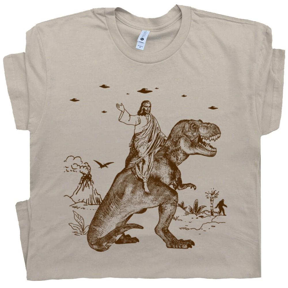 

Jesus Riding Dinosaur T Shirt Funny Offensive UFO Vintage Men Women Novelty Tee M