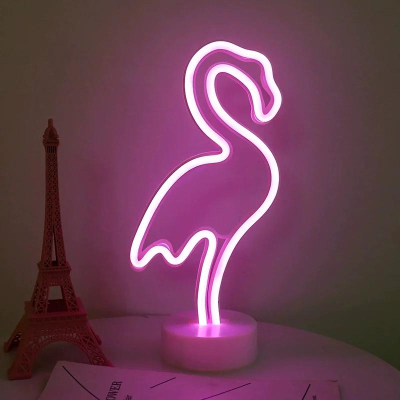 Festoon LED Neon Night Light Sign Flamingo Coconut Tree Cactus Table Lamp Kids Birthday Gifts Room Decoration USB/Battery Power