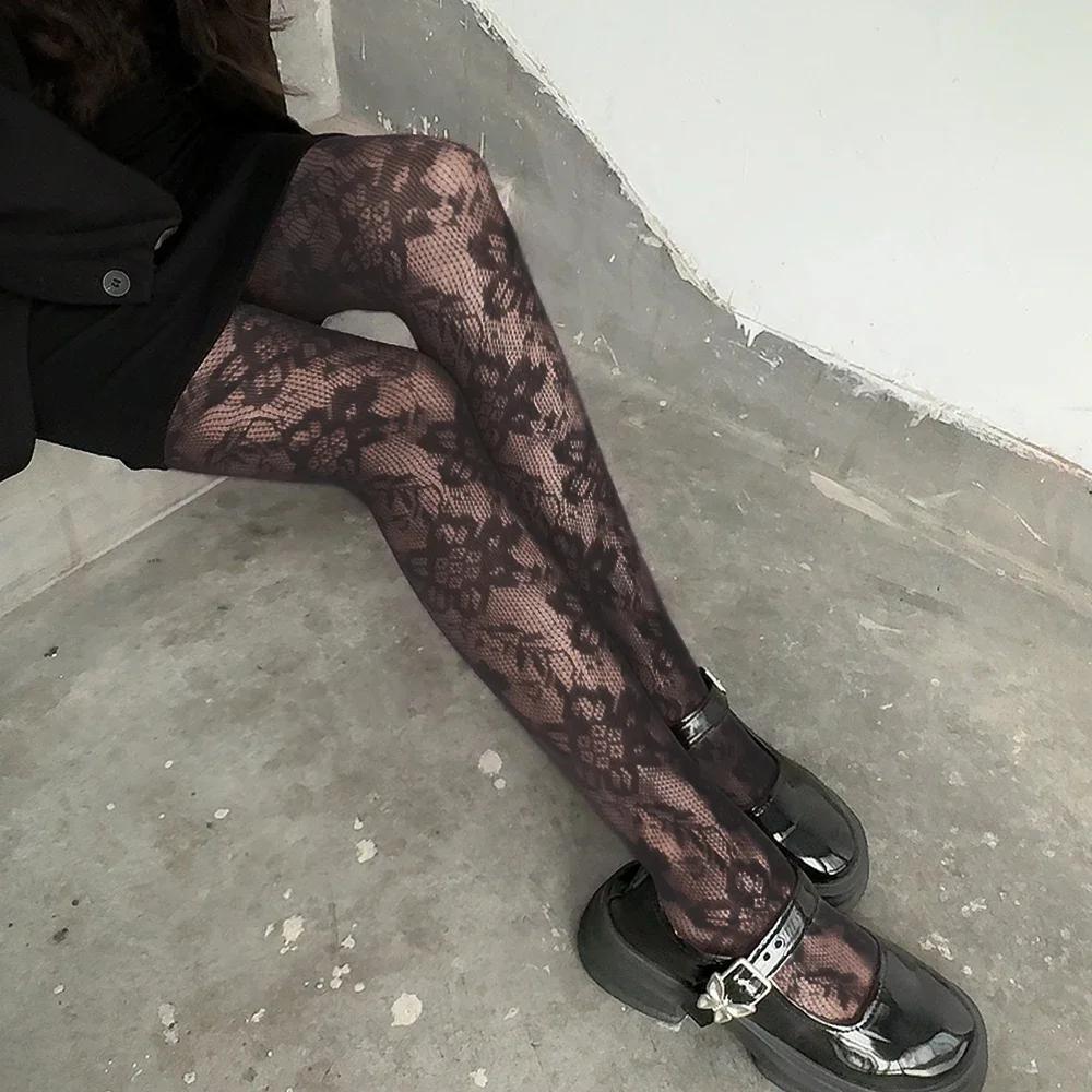

Sexy Women s Flower Embroidery Mesh Hollow Out Silk Stockings JK Fish Net Tights Cool Girls Colored Hipster Harajuku Pantyhose One Size чёрный