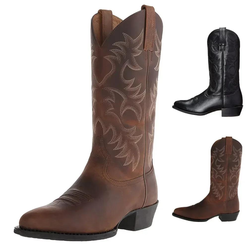 Handmade Men Cowboy Boots Embroidery Western Boots Pointed-toe Mid-calf Male Boots New Slip on Men Riding Boots
