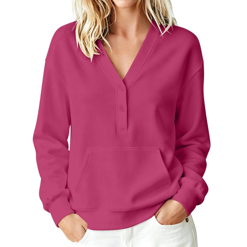 Women's Casual V Neck Pullover Sweatshirt Long Sleeve Buttoned Top with Front Pocket Lightweight Comfortable Fit