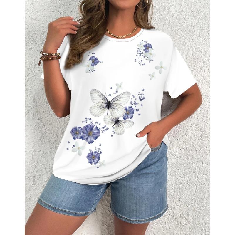 

Летний топ с круглым вырезом и 3D принтом в виде бабочек и цветов, модная повседневная женская футболка с короткими рукавами 6XL