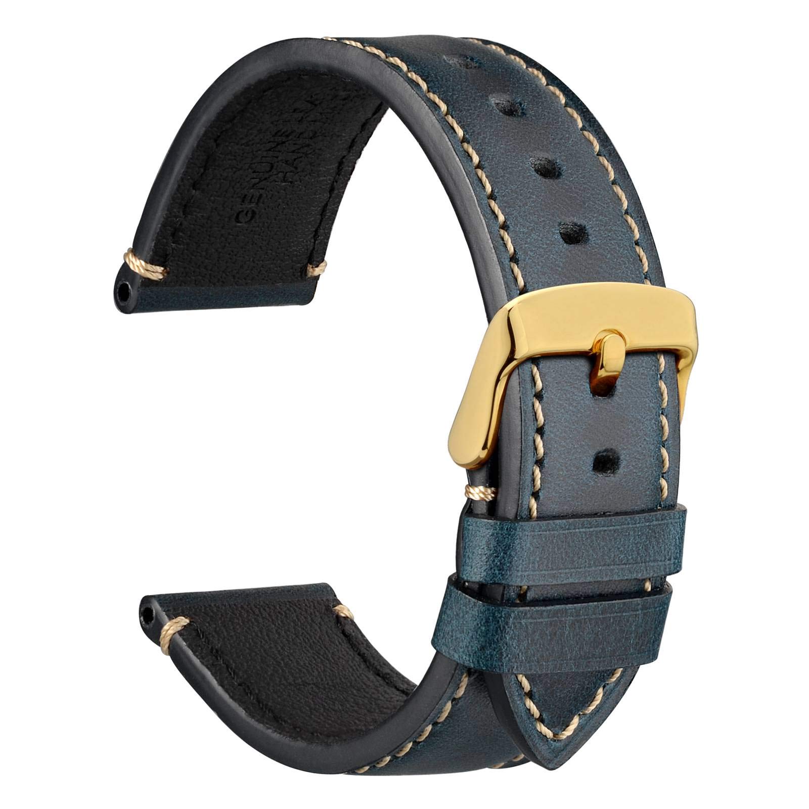 [WOCCI] 24mm Vintage Leather Watch Strap, Retro Genuine Leather Watch Band with Gold Buckle (Green)