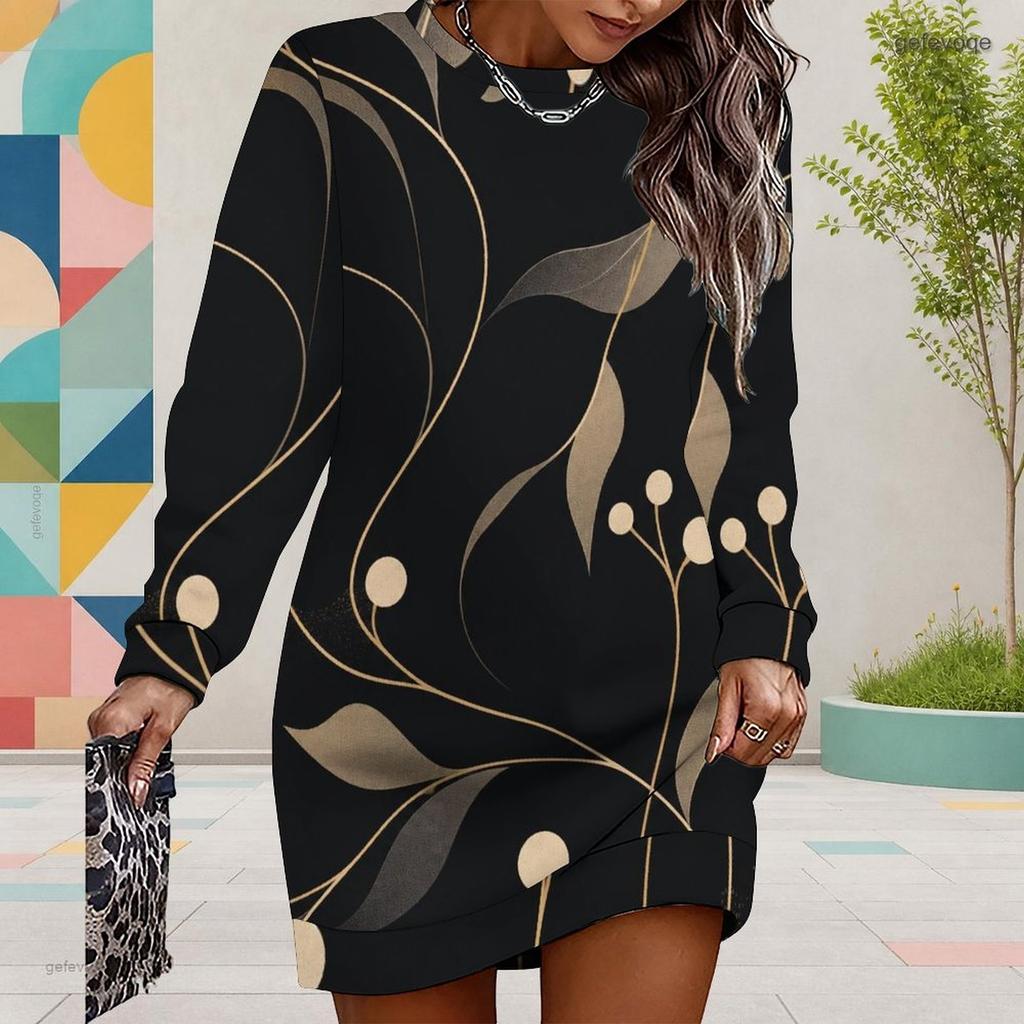 Women Plus Size Round Neck Long Sleeve Printed Black Mini Sweatshirt Dress Ribbed Cuffs