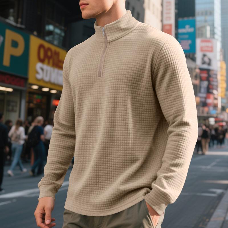 Herbst/Winter Minimalistisches Lässiges Herren Sweatshirt mit lockerer Passform, Jacquard-Stehkragen und halbem Reißverschluss