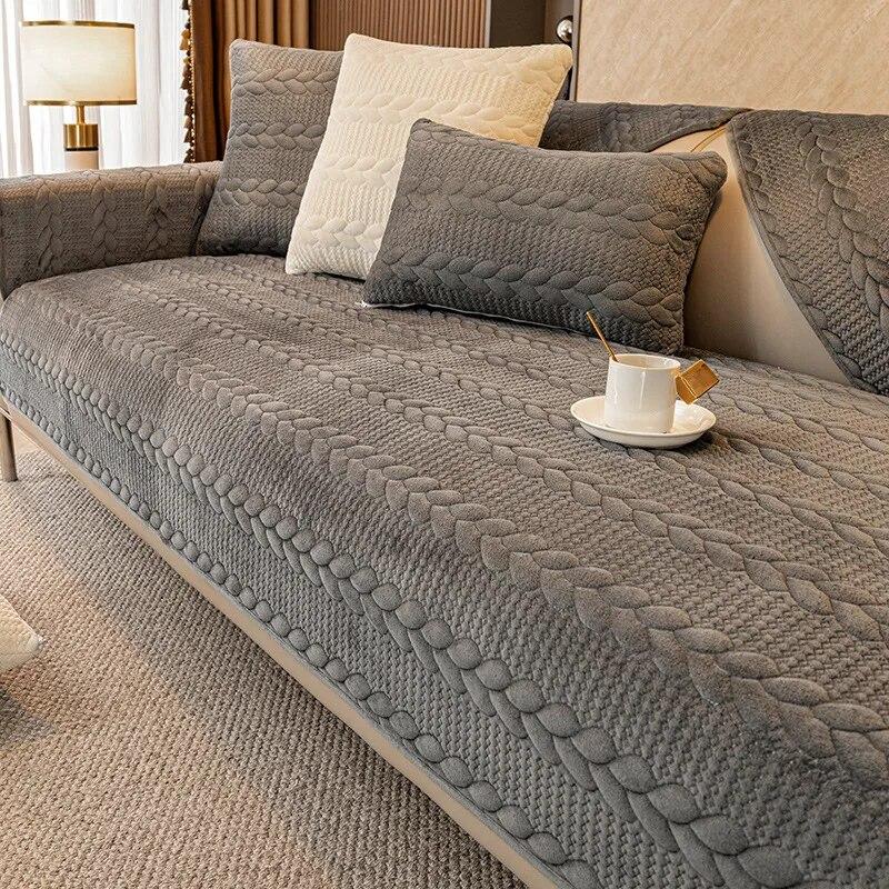 Plüsch-Sofabezüge mit 3D-Muster im nordischen Stil für das Wohnzimmer, Winter-Sofabezug aus massivem Jacquard, rutschfeste Couchkissen in L-Form