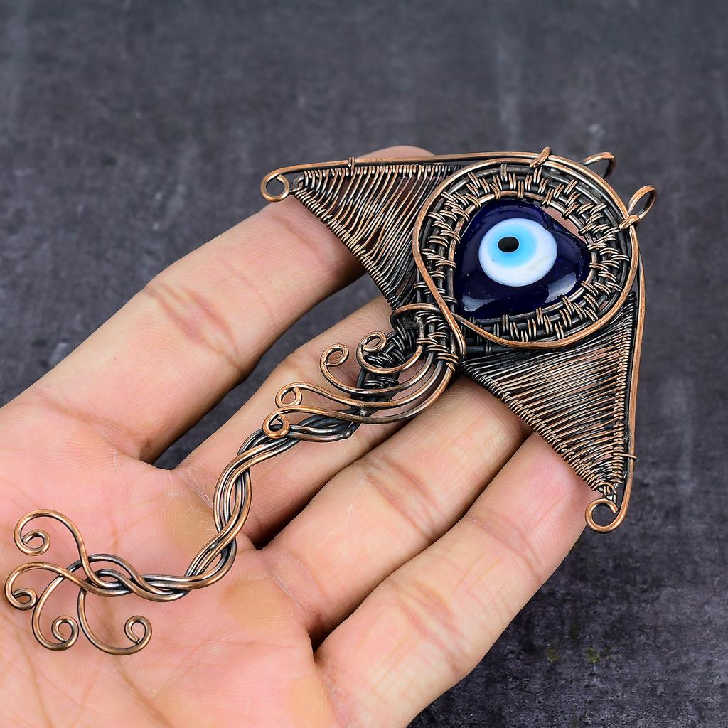 Natural Blue Evil Eye Gemstone Copper Wire Wrap Jewelry Pendant 5.12" P7n34