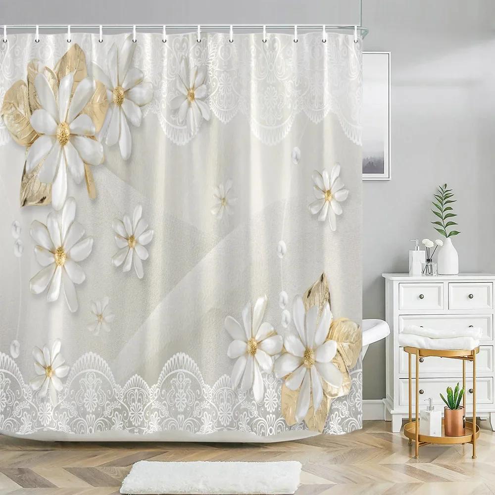 Elegant Bouquet Of Fantastic White Flowers 3D Style Shower Curtain Bathroom Curtain With Bath Rug Carpet Set Floral Home Decor